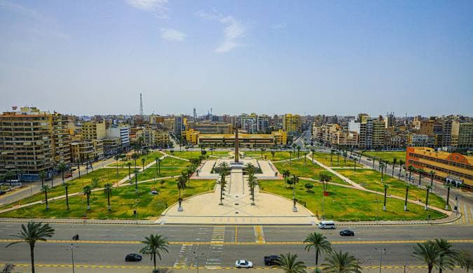 Panoramic view of Portsaid, Egypt showing the harbor and historical buildings